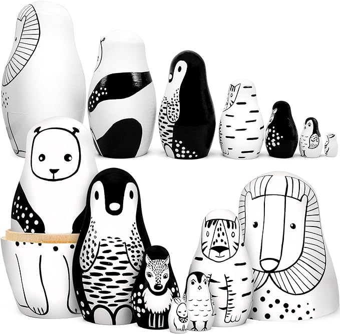 Nesting Dolls Black and White Animals 7 pcs