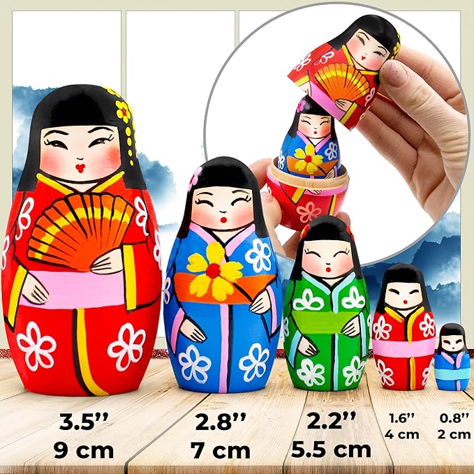 Nesting Dolls with Japanese Decorations 5 pcs