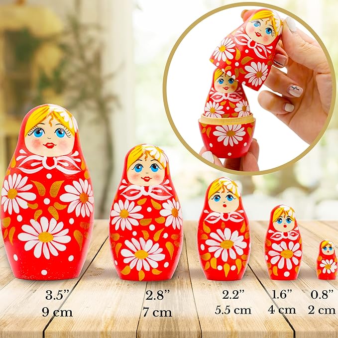 Nesting Dolls Red with Daisy Flowers 5 pcs