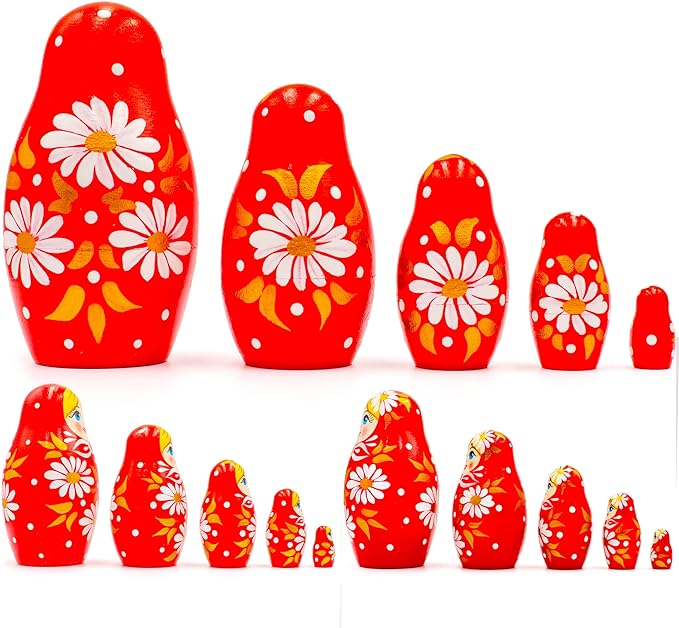 Nesting Dolls Red with Daisy Flowers 5 pcs