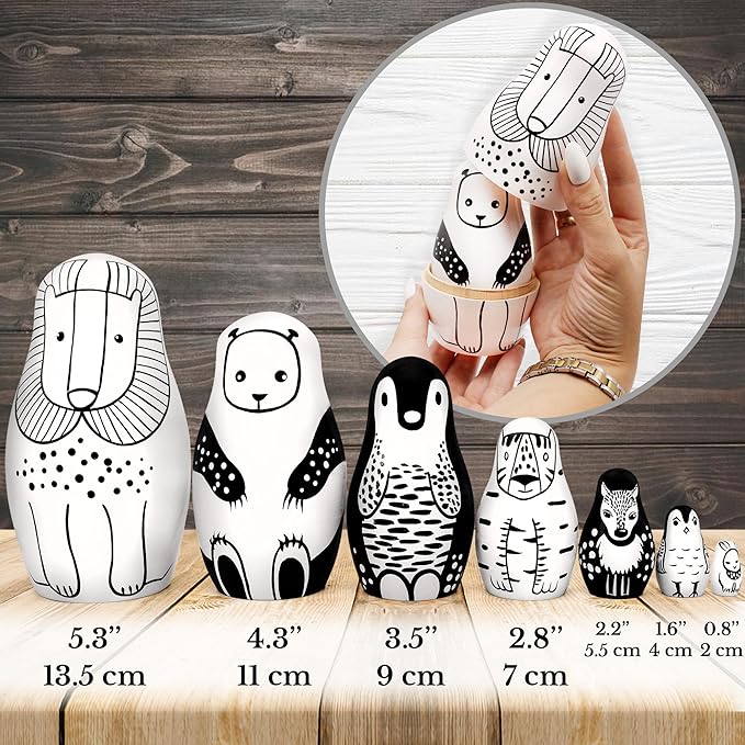 Nesting Dolls Black and White Animals 7 pcs