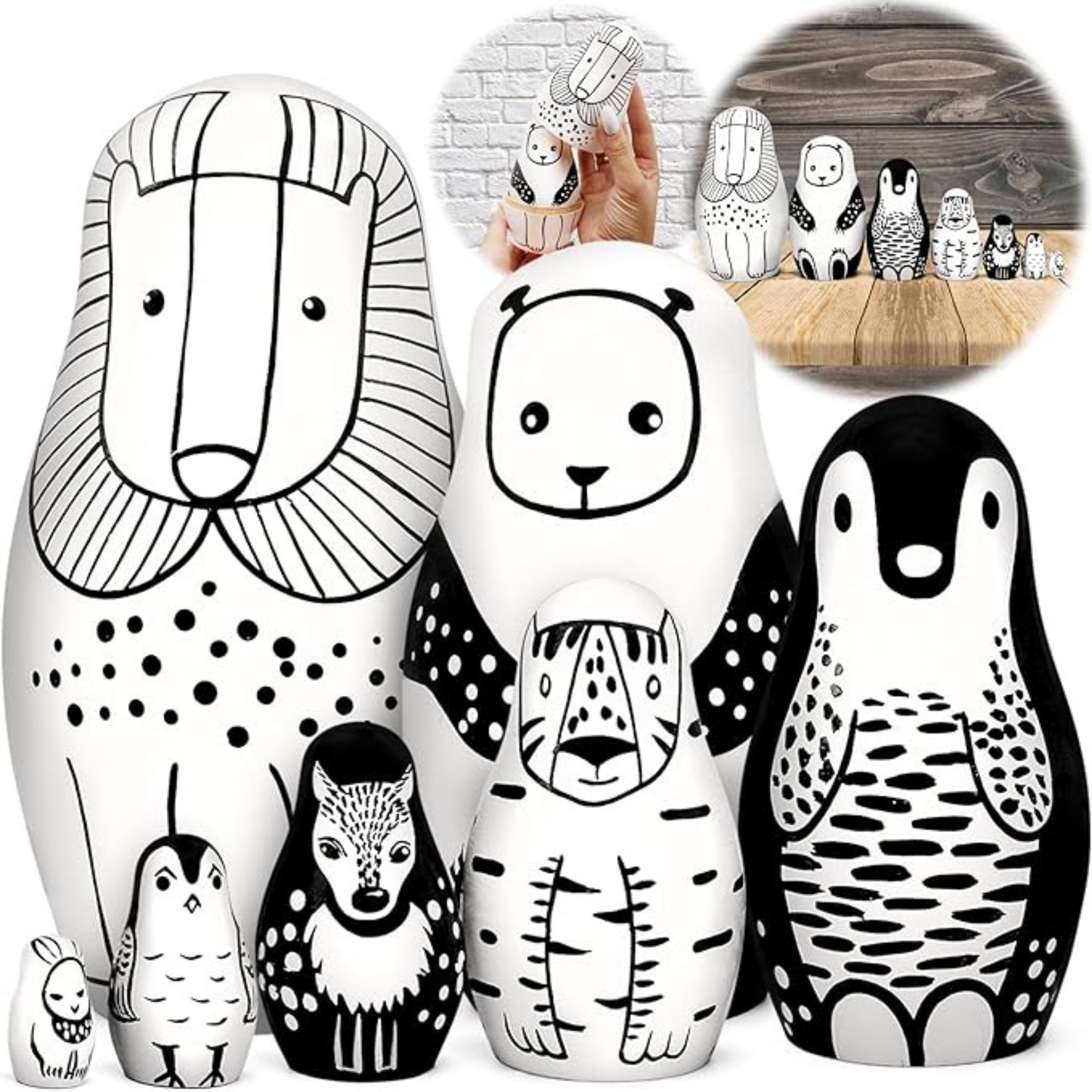 Nesting Dolls Black and White Animals 7 pcs