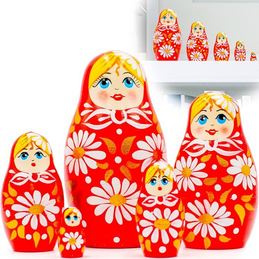 Nesting Dolls Red with Daisy Flowers 5 pcs